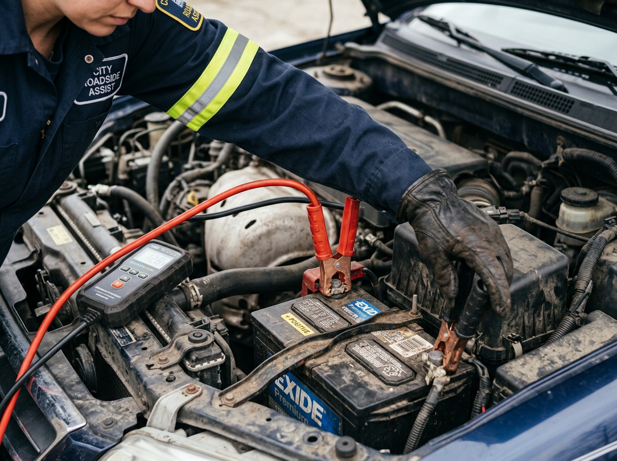 Roadside mechanic connecting commercial booster cables