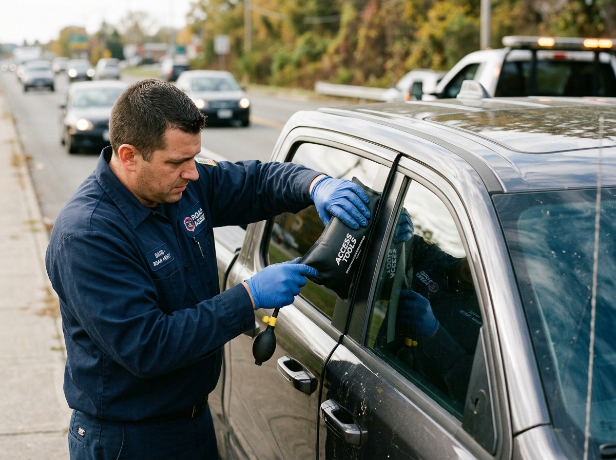 Technician unlocking car door safely with air wedge tool