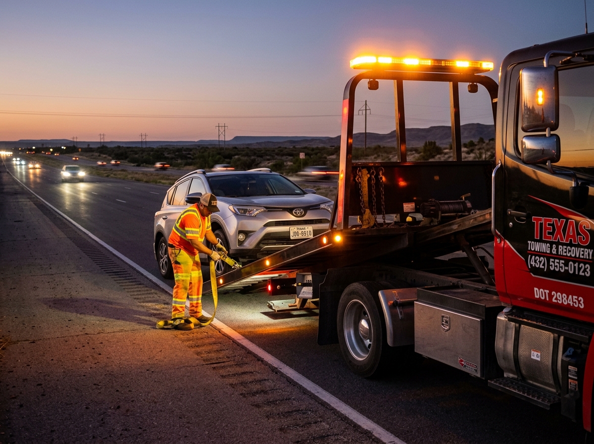 Commercial flatbed wrecker loading vehicle at dusk