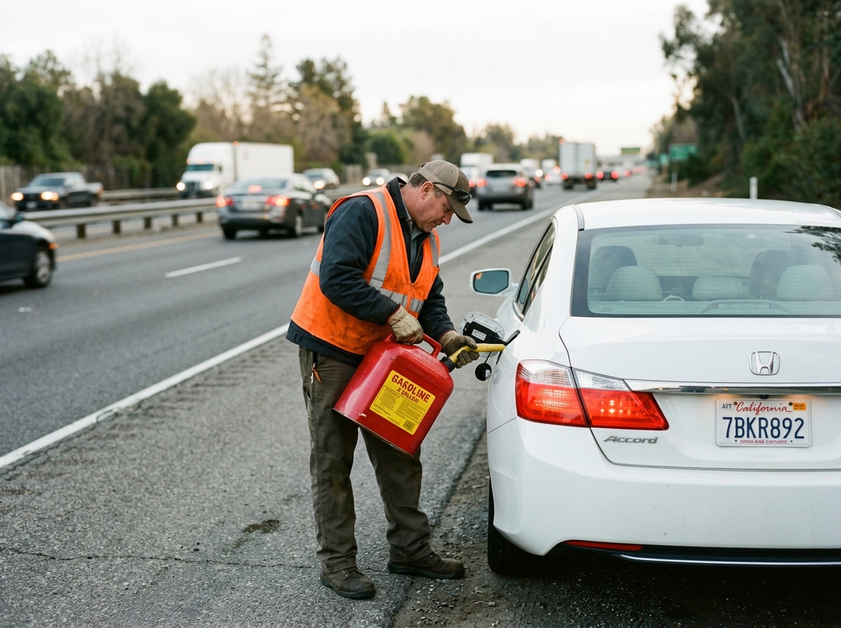 Technician delivering safety gas can to stranded car