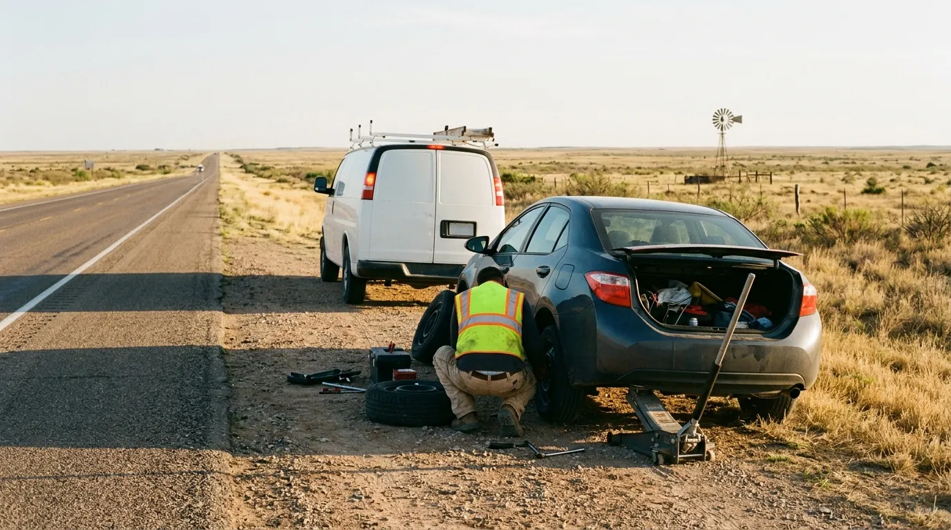 Roadside technician changing a flat tire on a sedan beside a service van on a highway shoulder