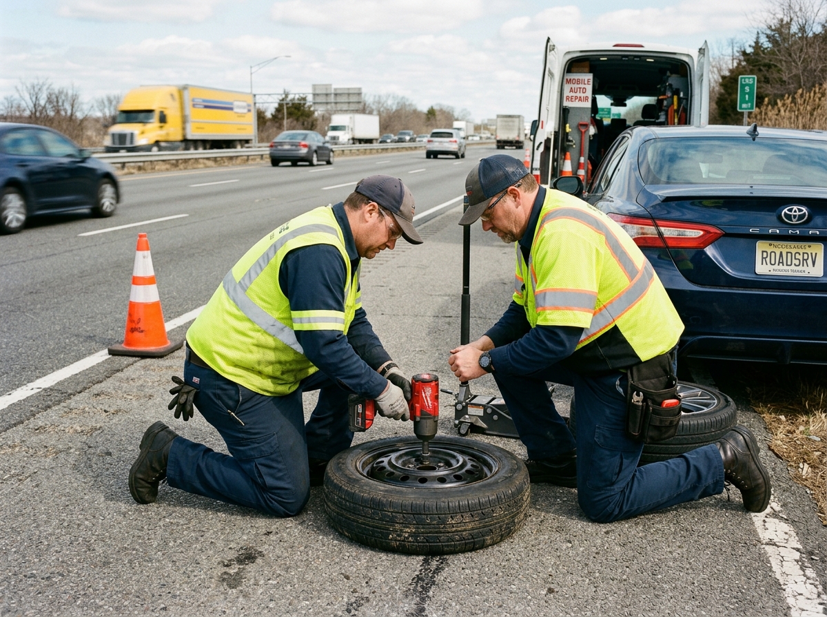 Roadside technician installing spare wheel on highway shoulder