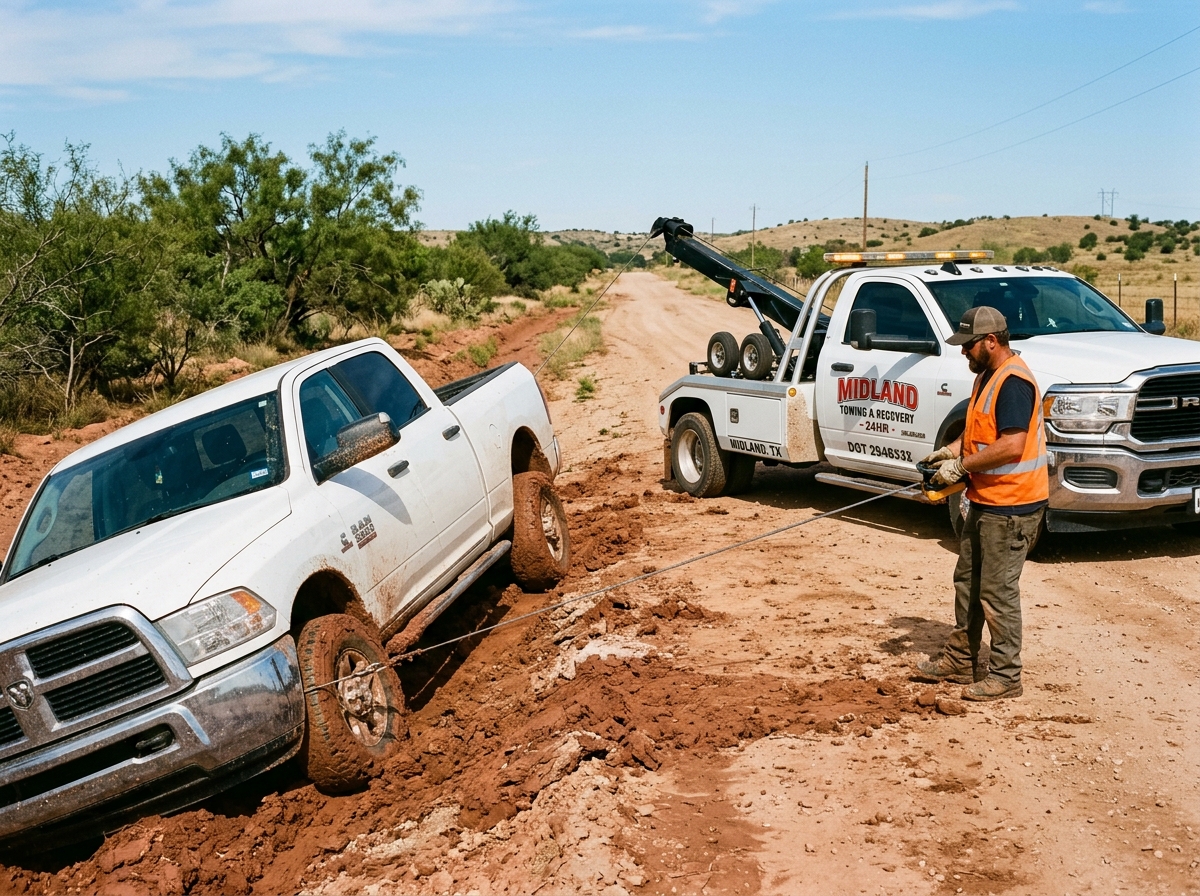 Commercial recovery truck winching truck out of West Texas ditch